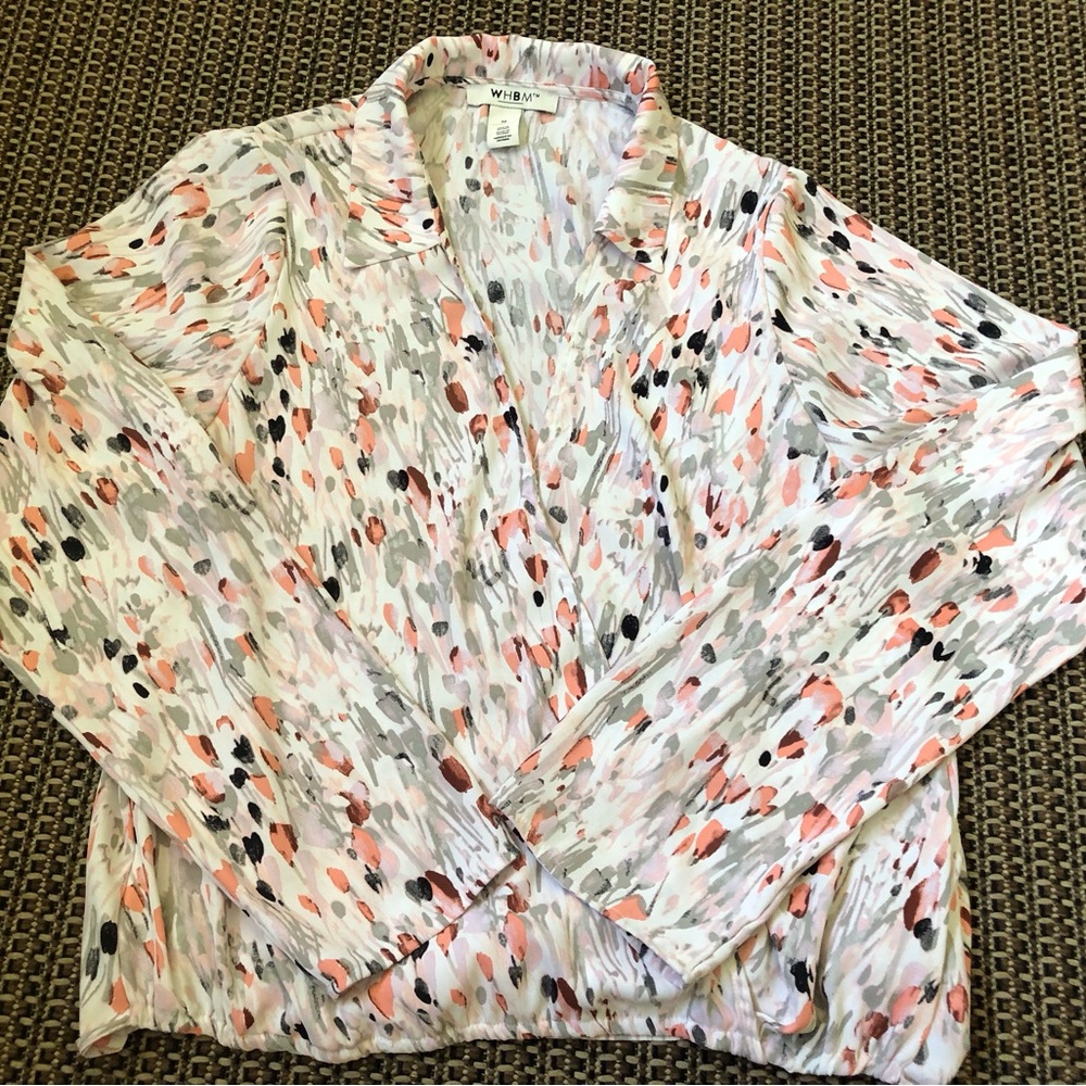 🩶WHBM Long Sleeve Surplice Wrap Collared Patterned Elastic Waistband Top/Blouse